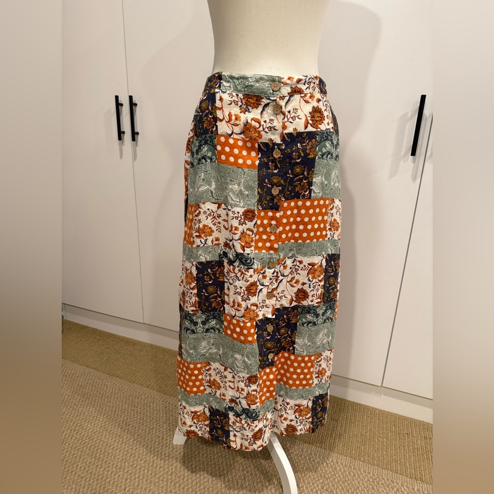 Sz S 100% Linen Nicole Miller New York Patchwork Maxi Skirt - Multicolor